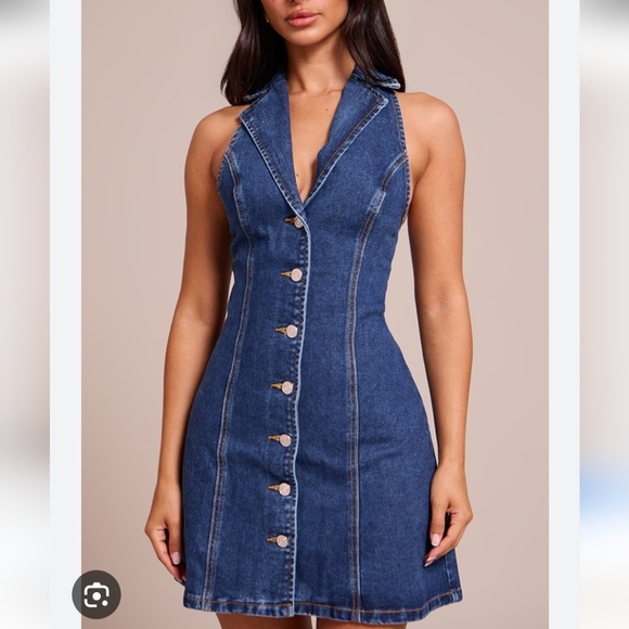 PrettyLittleThing Dresses & Skirts - Pretty Little Thing Mid Blue Wash Button Up Lapel Detail Denim Mini Dress